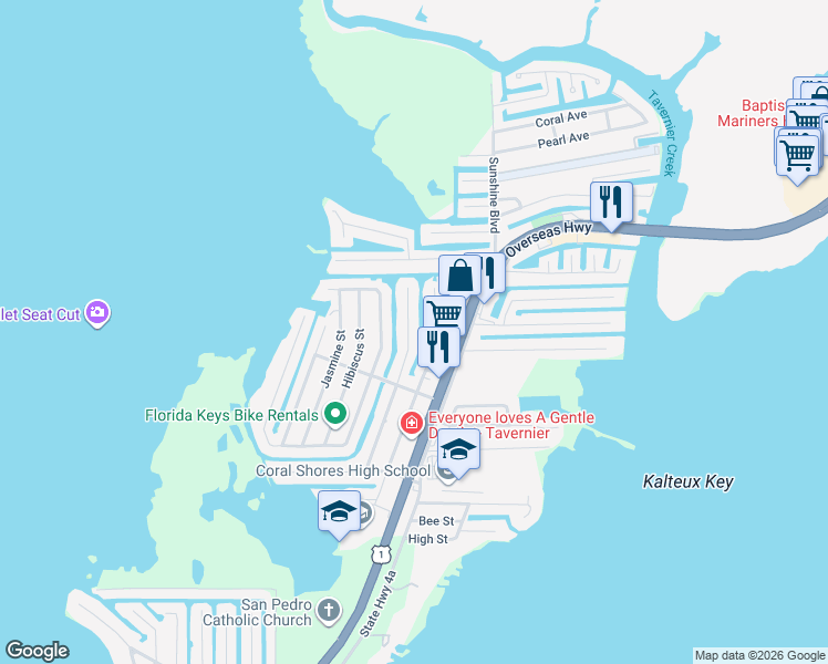 map of restaurants, bars, coffee shops, grocery stores, and more near 154 Azalea Street in Tavernier
