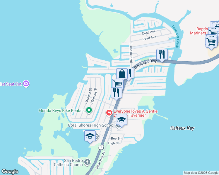 map of restaurants, bars, coffee shops, grocery stores, and more near 154 Azalea Street in Tavernier