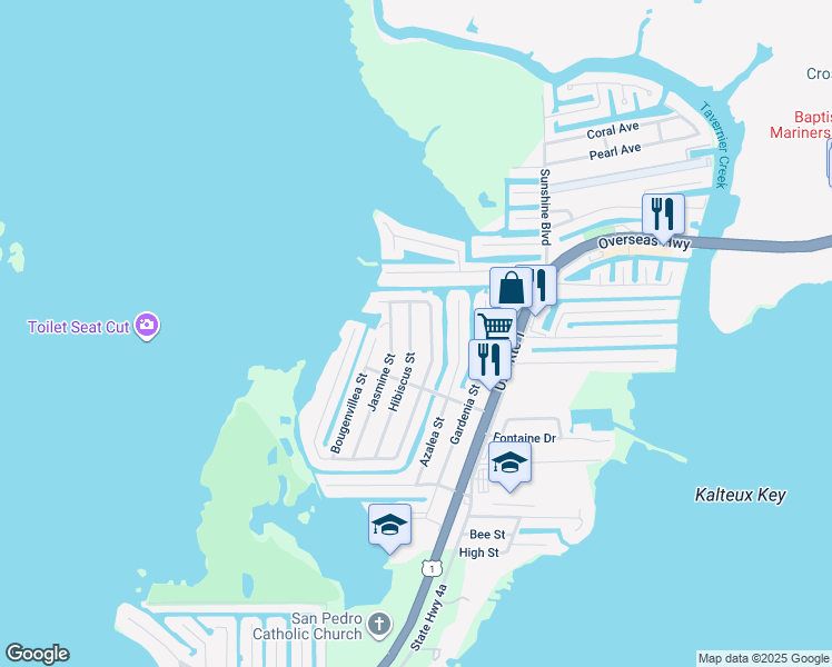 map of restaurants, bars, coffee shops, grocery stores, and more near 173 North Coconut Palm Boulevard in Tavernier