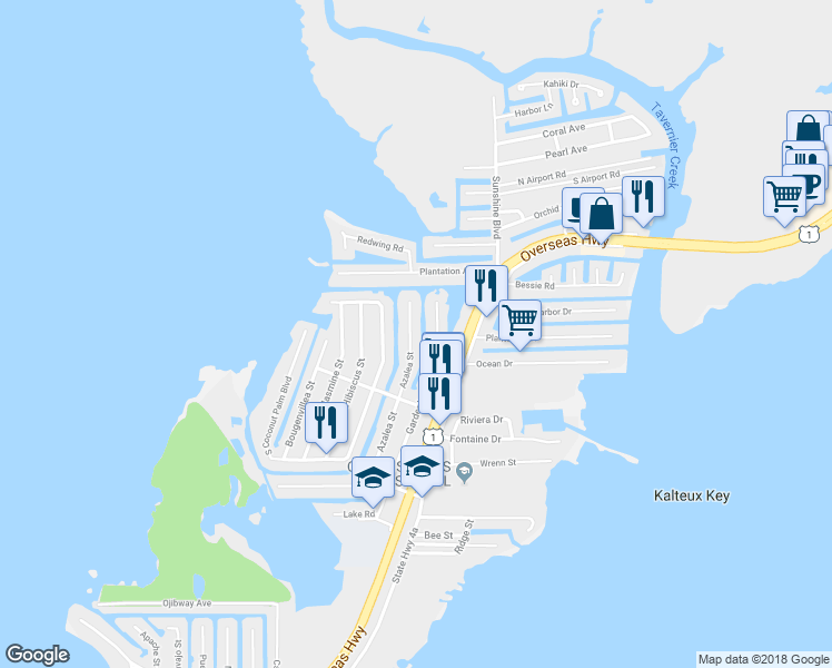 map of restaurants, bars, coffee shops, grocery stores, and more near 140 Azalea Street in Tavernier