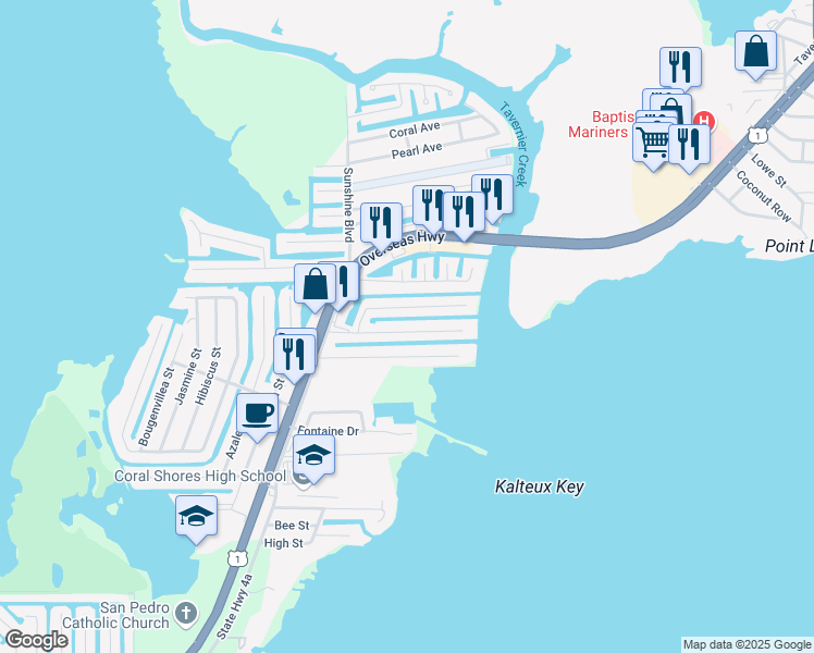 map of restaurants, bars, coffee shops, grocery stores, and more near 169 Plantation Drive in Tavernier