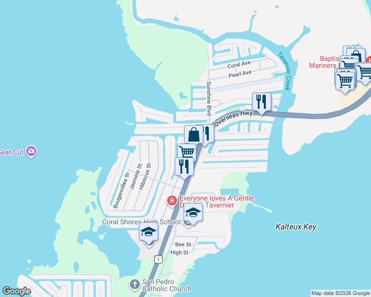 map of restaurants, bars, coffee shops, grocery stores, and more near 112 Gardenia Street in Tavernier
