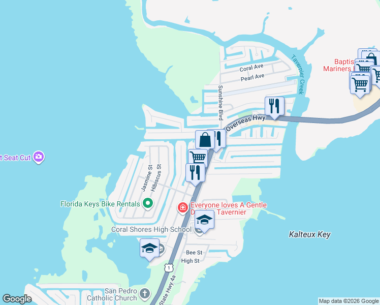 map of restaurants, bars, coffee shops, grocery stores, and more near 111 Azalea Street in Tavernier