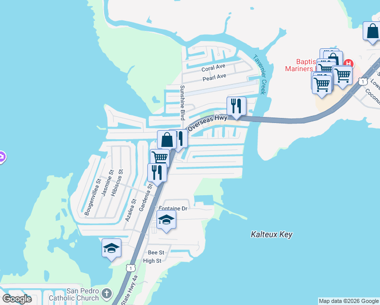 map of restaurants, bars, coffee shops, grocery stores, and more near 105 Harbor Drive in Tavernier