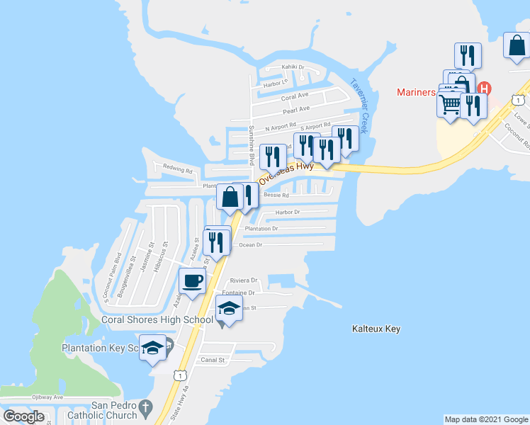 map of restaurants, bars, coffee shops, grocery stores, and more near 107 Harbor Drive in Tavernier