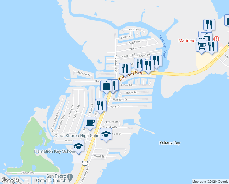 map of restaurants, bars, coffee shops, grocery stores, and more near 90361 Old Highway in Islamorada