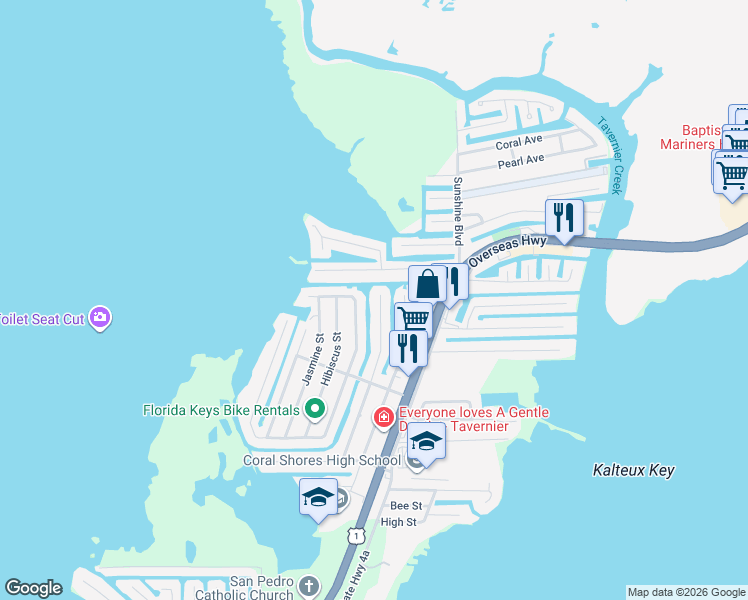 map of restaurants, bars, coffee shops, grocery stores, and more near 111 Azalea Street in Tavernier