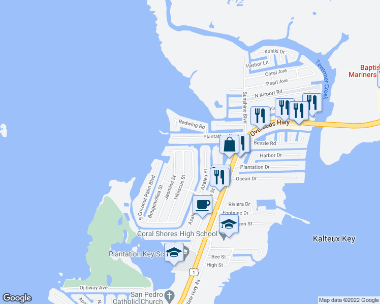 map of restaurants, bars, coffee shops, grocery stores, and more near 151 North Coconut Palm Boulevard in Tavernier