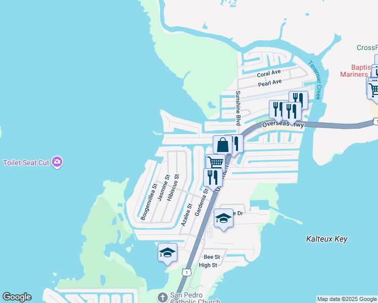 map of restaurants, bars, coffee shops, grocery stores, and more near 151 North Coconut Palm Boulevard in Tavernier