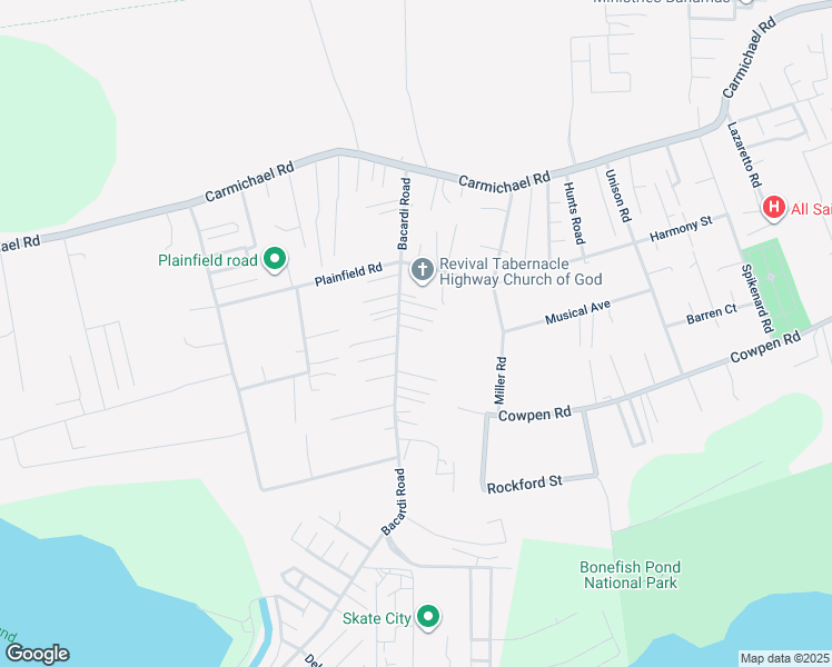 map of restaurants, bars, coffee shops, grocery stores, and more near Bacardi Road in Nassau