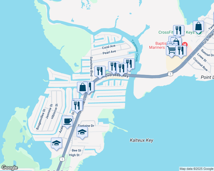 map of restaurants, bars, coffee shops, grocery stores, and more near 143 Harbor Drive in Tavernier