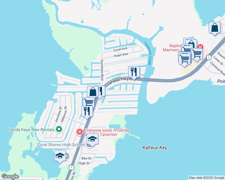 map of restaurants, bars, coffee shops, grocery stores, and more near 135 Bessie Road in Tavernier