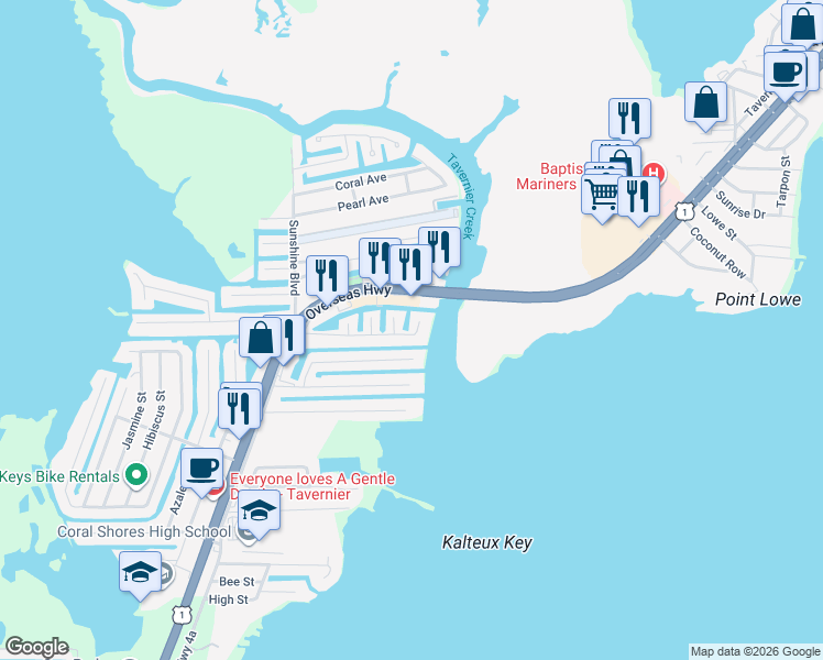 map of restaurants, bars, coffee shops, grocery stores, and more near 216 Johnny Road in Tavernier