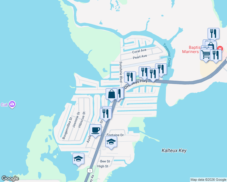 map of restaurants, bars, coffee shops, grocery stores, and more near 106 Plantation Avenue in Tavernier