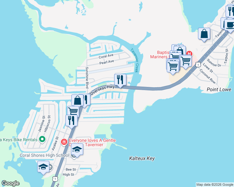 map of restaurants, bars, coffee shops, grocery stores, and more near 216 Johnny Road in Tavernier