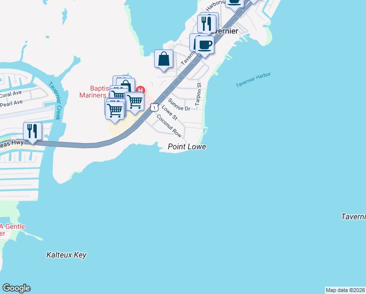 map of restaurants, bars, coffee shops, grocery stores, and more near 239 Tavernier Drive in Tavernier