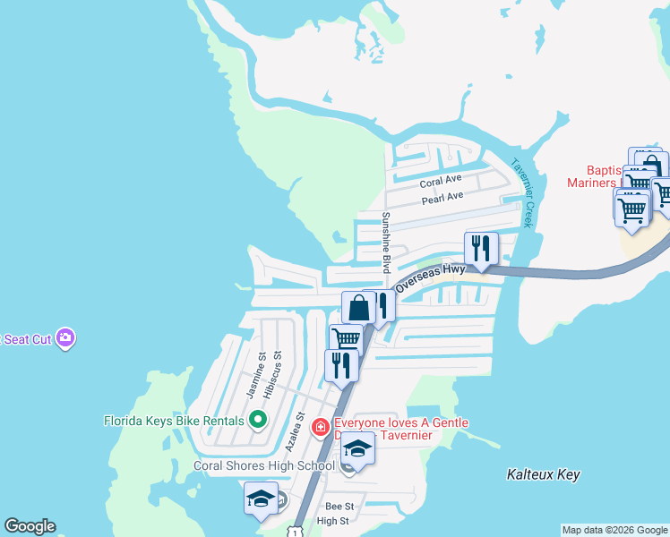 map of restaurants, bars, coffee shops, grocery stores, and more near 134 Plantation Avenue in Tavernier