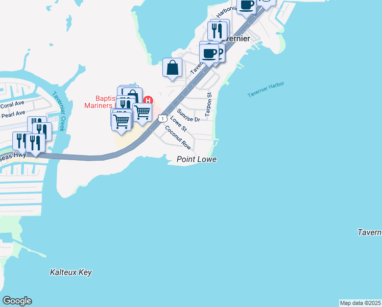 map of restaurants, bars, coffee shops, grocery stores, and more near 181 Coconut Row in Tavernier