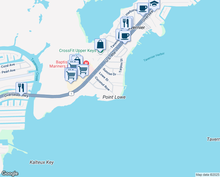map of restaurants, bars, coffee shops, grocery stores, and more near 181 Coconut Row in Tavernier