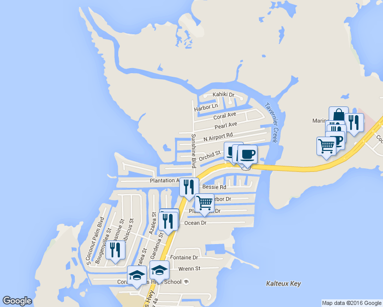 map of restaurants, bars, coffee shops, grocery stores, and more near 102 Pelican Road in Tavernier