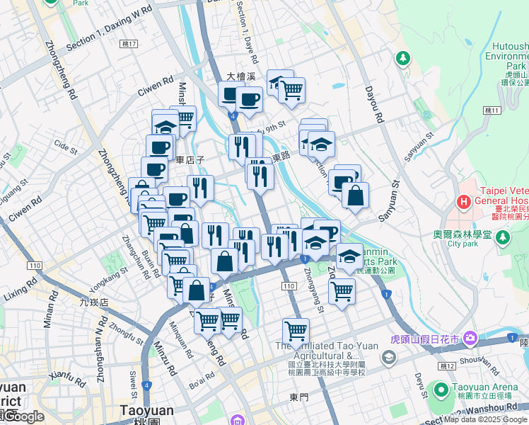 map of restaurants, bars, coffee shops, grocery stores, and more near in Taoyuan District