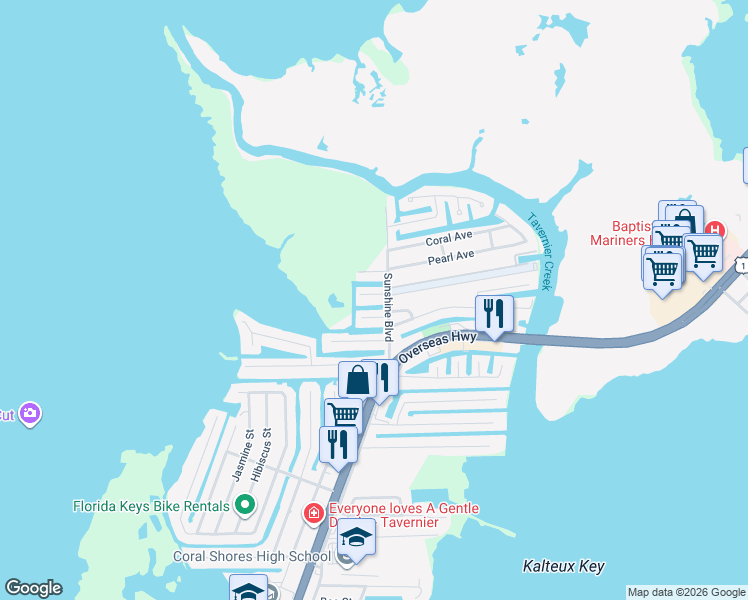 map of restaurants, bars, coffee shops, grocery stores, and more near 102 Pelican Road in Tavernier