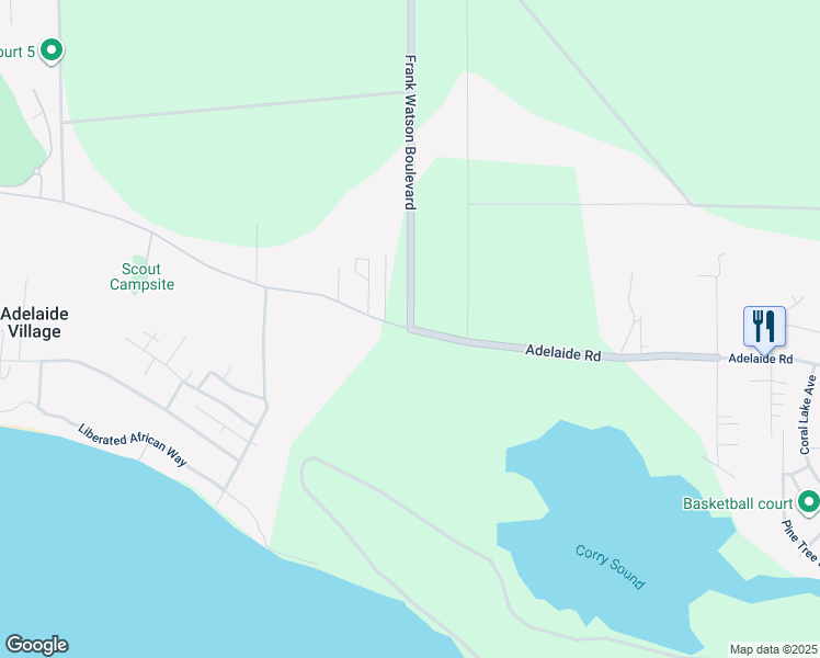 map of restaurants, bars, coffee shops, grocery stores, and more near Adelaide Road in Nassau