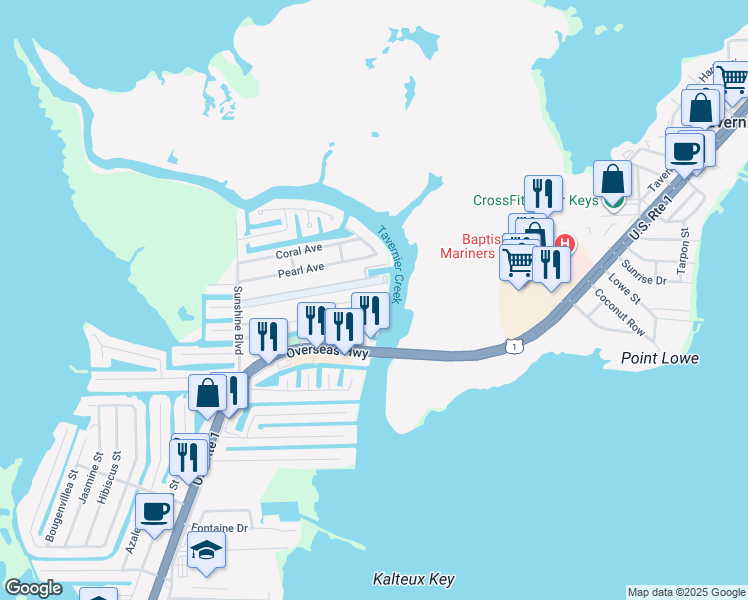 map of restaurants, bars, coffee shops, grocery stores, and more near 228 South Airport Road in Tavernier