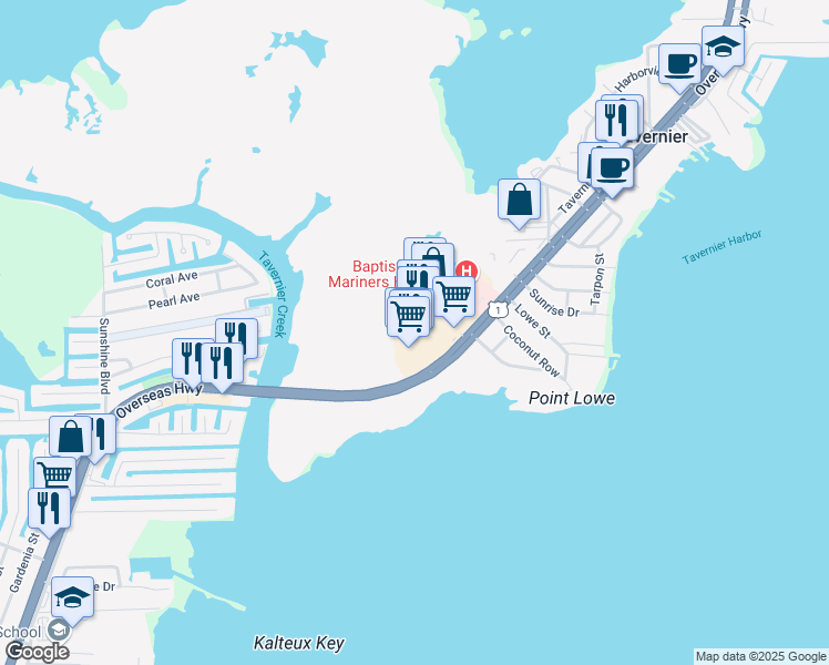 map of restaurants, bars, coffee shops, grocery stores, and more near 91256 Overseas Highway in Tavernier