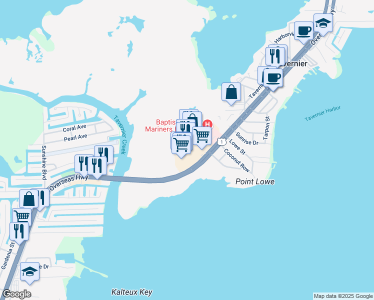 map of restaurants, bars, coffee shops, grocery stores, and more near 91256 Overseas Highway in Tavernier