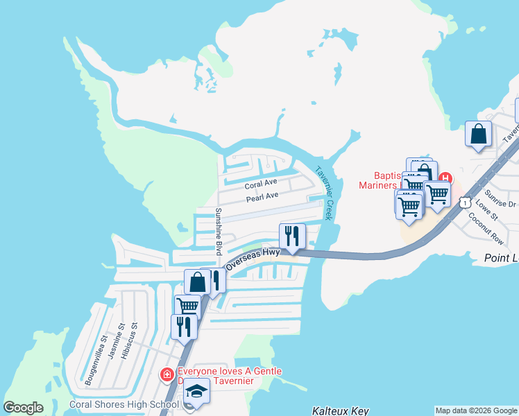 map of restaurants, bars, coffee shops, grocery stores, and more near 151 North Airport Road in Tavernier