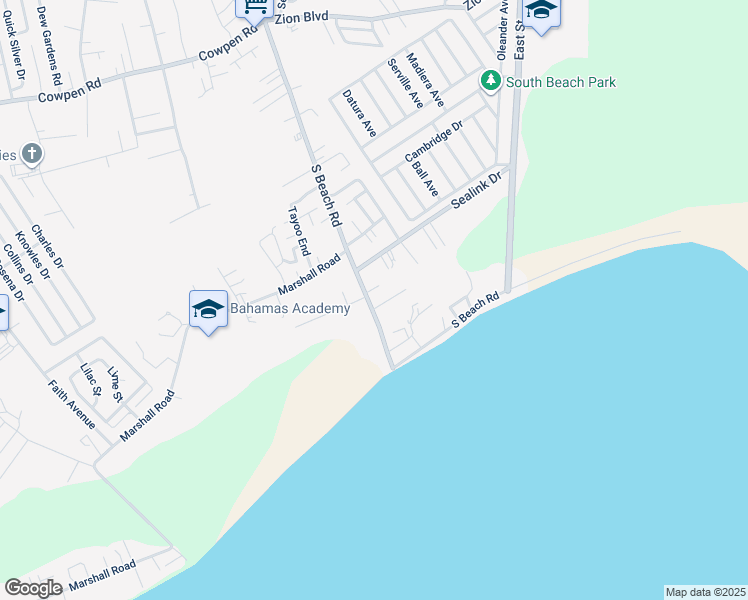 map of restaurants, bars, coffee shops, grocery stores, and more near South Beach Road in Nassau