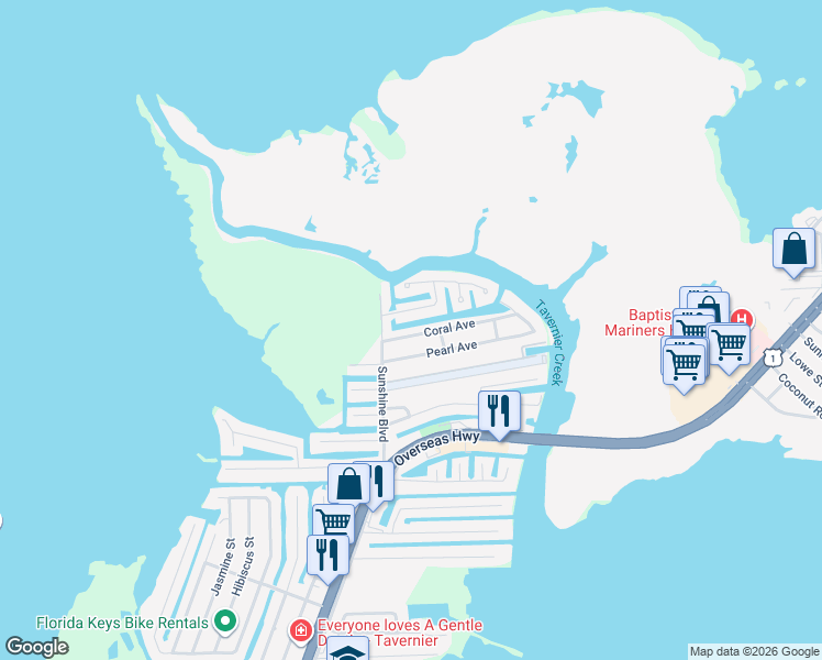 map of restaurants, bars, coffee shops, grocery stores, and more near 123 Coral Avenue in Tavernier