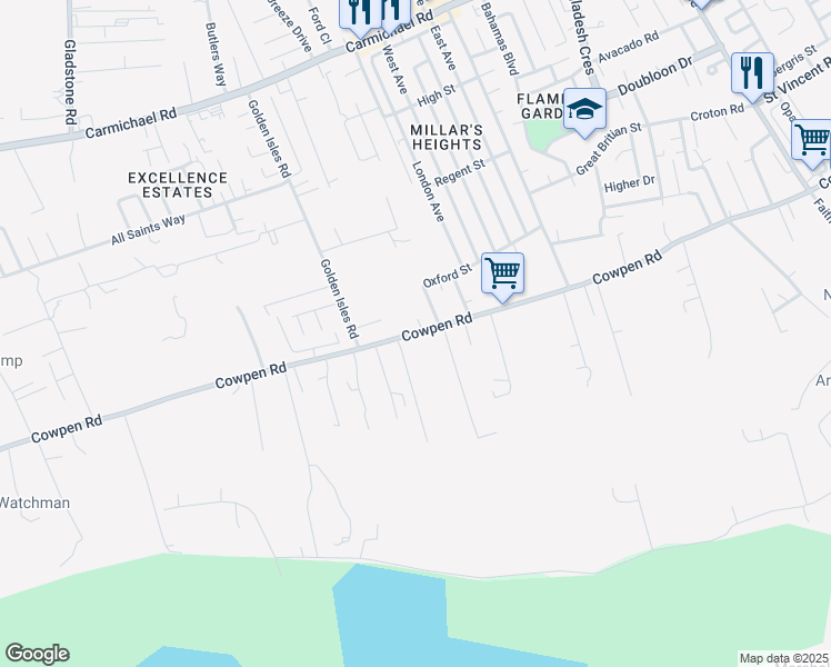 map of restaurants, bars, coffee shops, grocery stores, and more near Cowpen Road in Nassau
