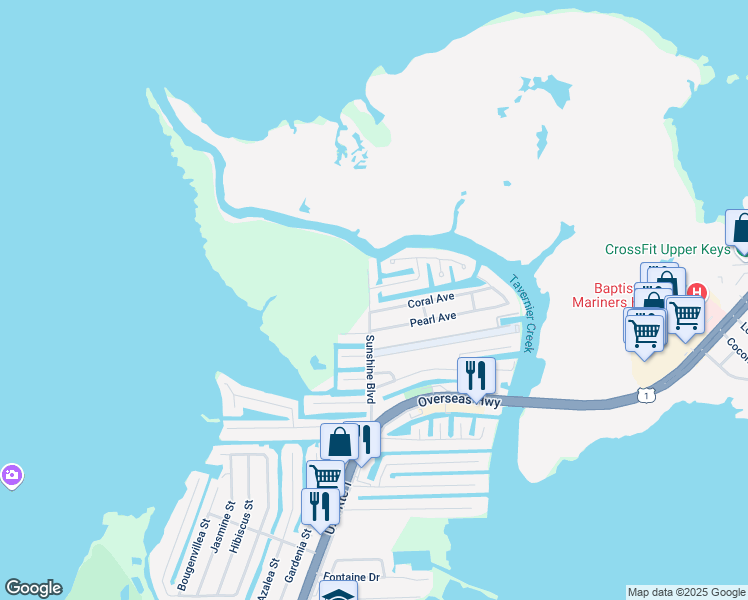 map of restaurants, bars, coffee shops, grocery stores, and more near 408 Sunshine Boulevard in Tavernier