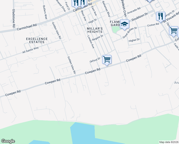 map of restaurants, bars, coffee shops, grocery stores, and more near Cowpen Road in Nassau