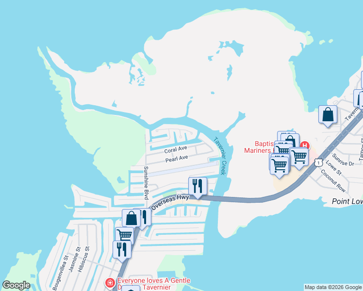 map of restaurants, bars, coffee shops, grocery stores, and more near 168 Coral Avenue in Tavernier