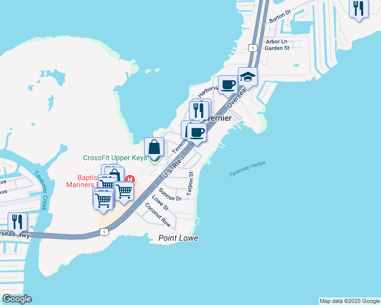 map of restaurants, bars, coffee shops, grocery stores, and more near Albury Boulevard in Tavernier