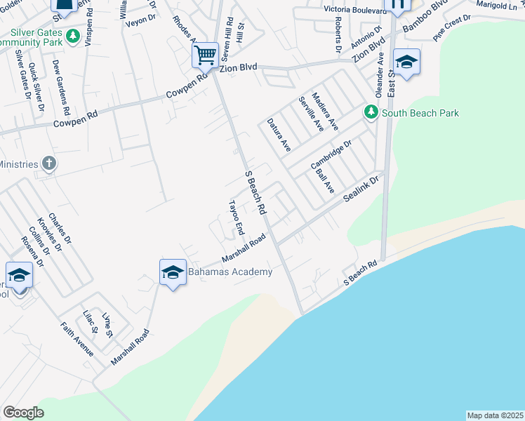 map of restaurants, bars, coffee shops, grocery stores, and more near South Beach Road in Nassau