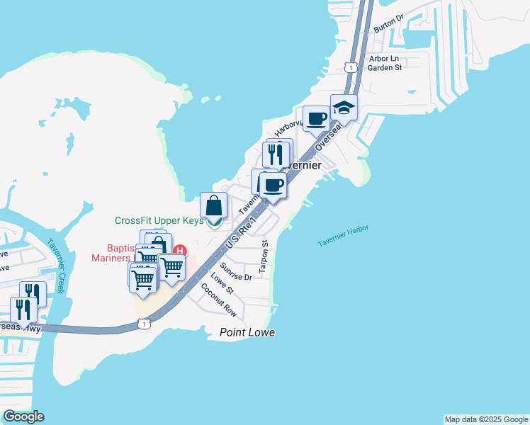 map of restaurants, bars, coffee shops, grocery stores, and more near Albury Boulevard in Tavernier