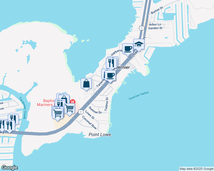 map of restaurants, bars, coffee shops, grocery stores, and more near Albury Boulevard in Tavernier