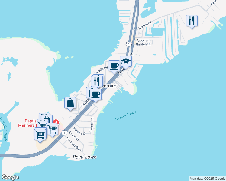 map of restaurants, bars, coffee shops, grocery stores, and more near 92099 Overseas Highway in Tavernier