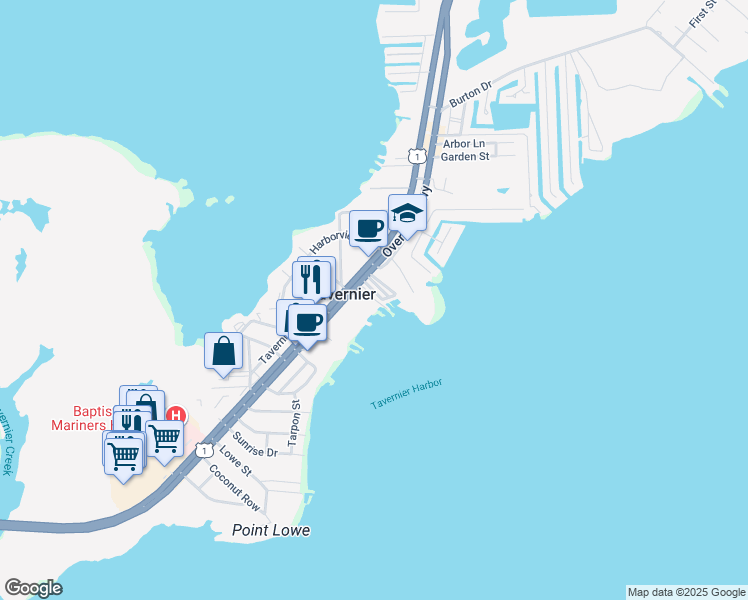 map of restaurants, bars, coffee shops, grocery stores, and more near 92099 Overseas Highway in Tavernier