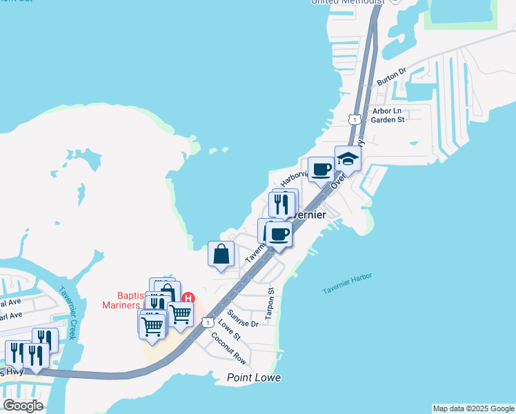 map of restaurants, bars, coffee shops, grocery stores, and more near 198 Harbor Drive in Key Largo