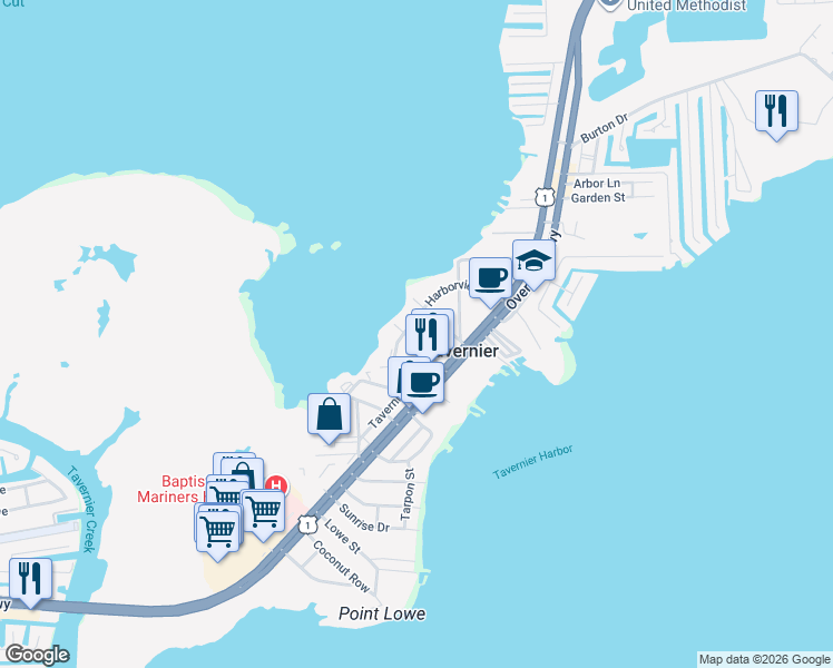 map of restaurants, bars, coffee shops, grocery stores, and more near 187 Harborview Drive in Tavernier