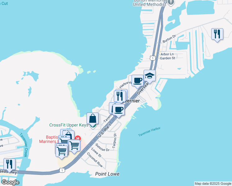 map of restaurants, bars, coffee shops, grocery stores, and more near 187 Harborview Drive in Tavernier