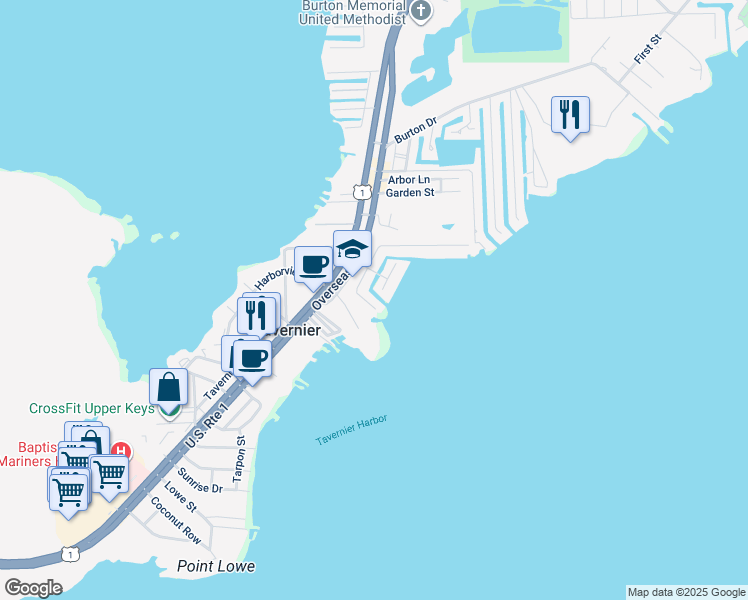 map of restaurants, bars, coffee shops, grocery stores, and more near 131 Stinger Road in Tavernier