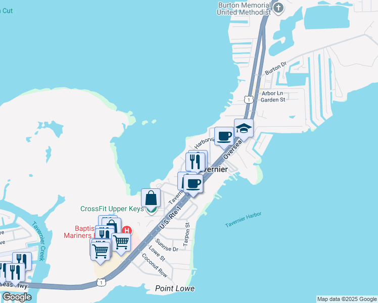 map of restaurants, bars, coffee shops, grocery stores, and more near 187 Harborview Drive in Tavernier