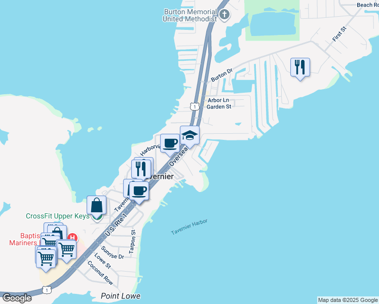 map of restaurants, bars, coffee shops, grocery stores, and more near 92295 Overseas Highway in Tavernier