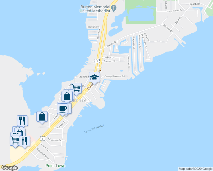 map of restaurants, bars, coffee shops, grocery stores, and more near 147 Dubonnet Road in Tavernier